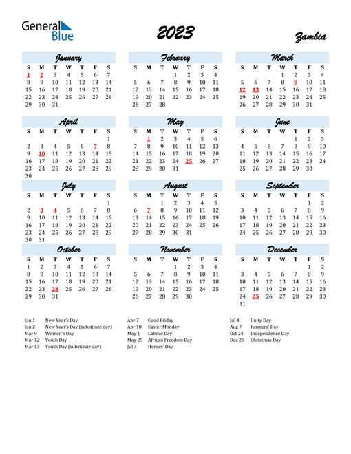 2023 Zambia Calendar With Holidays