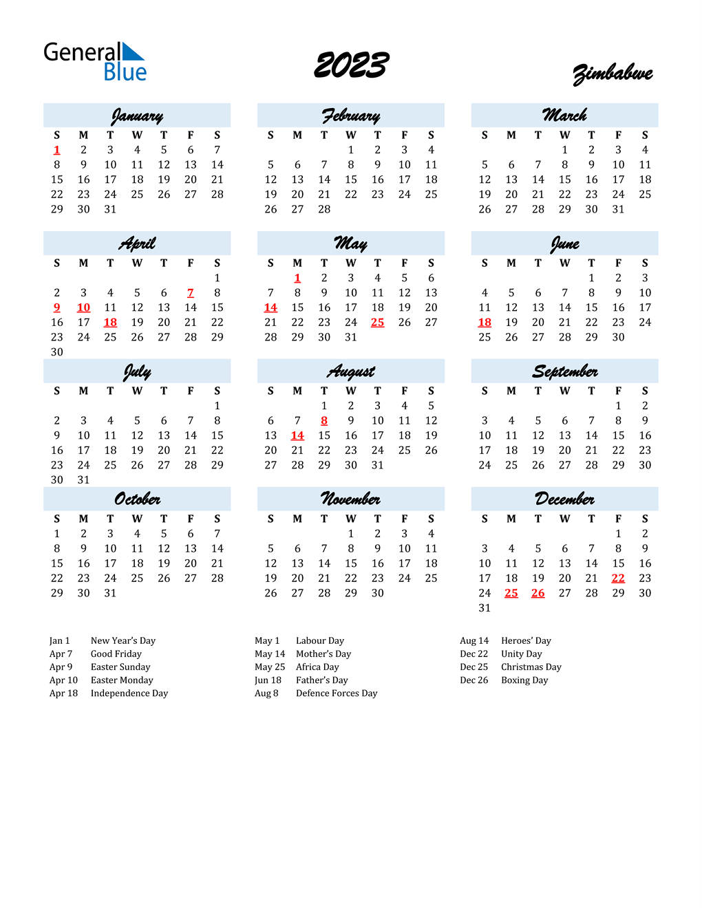 2023 Zimbabwe Calendar with Holidays