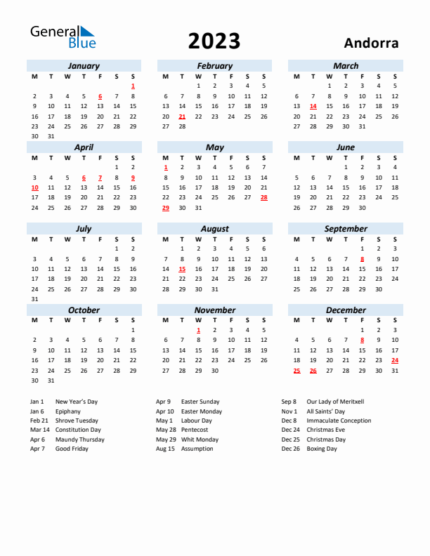 2023 Calendar for Andorra with Holidays