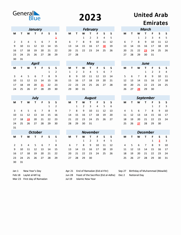 2023 Calendar for United Arab Emirates with Holidays