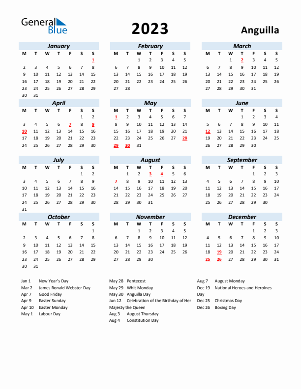2023 Calendar for Anguilla with Holidays