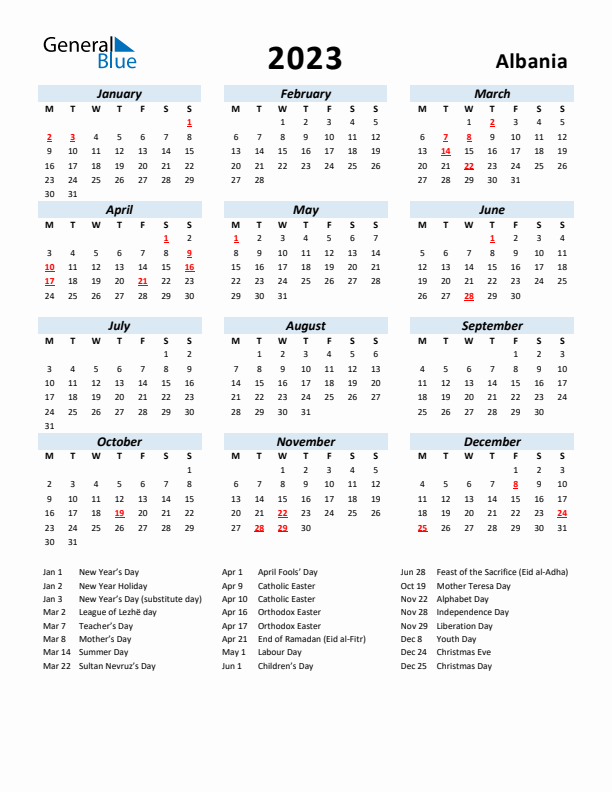 2023 Calendar for Albania with Holidays