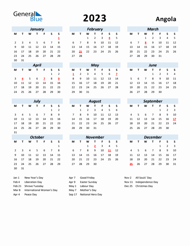 2023 Calendar for Angola with Holidays