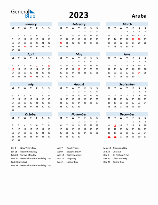 2023 Calendar for Aruba with Holidays
