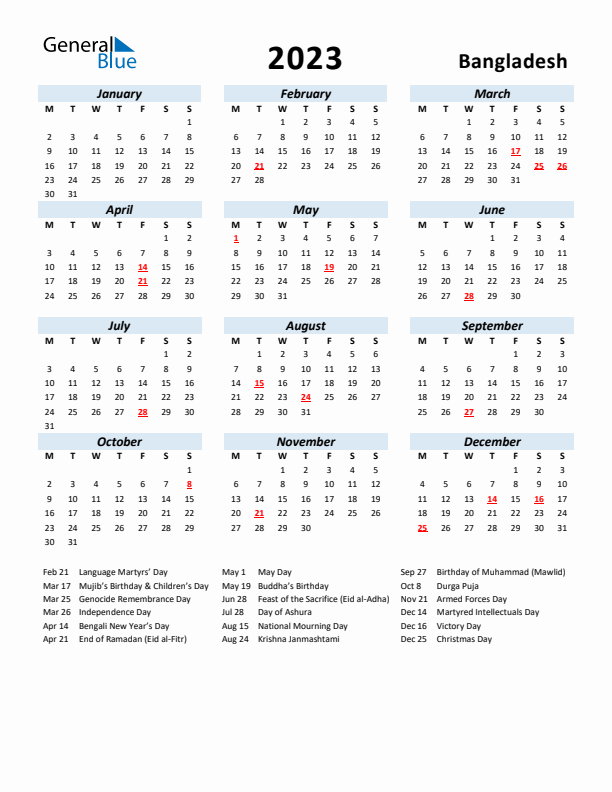 2023 Calendar for Bangladesh with Holidays