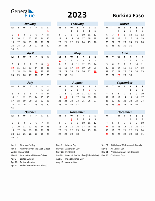 2023 Calendar for Burkina Faso with Holidays