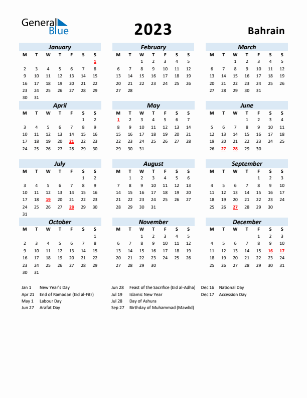 2023 Calendar for Bahrain with Holidays