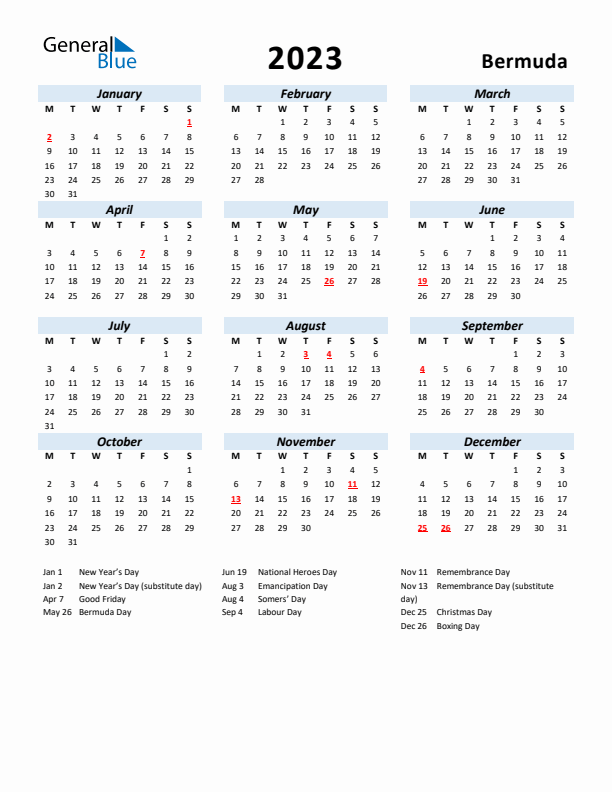 2023 Calendar for Bermuda with Holidays