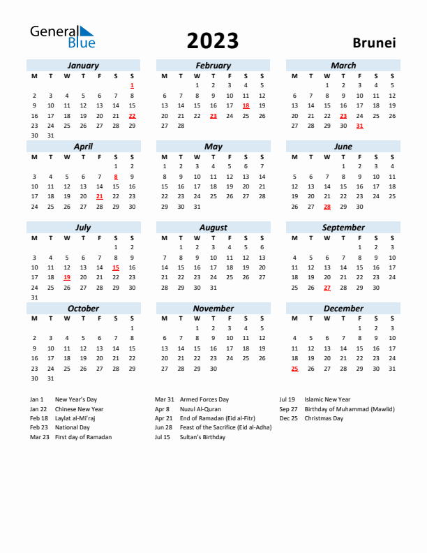 2023 Calendar for Brunei with Holidays