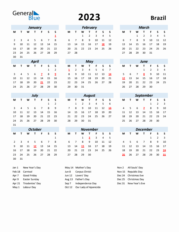 2023 Calendar for Brazil with Holidays