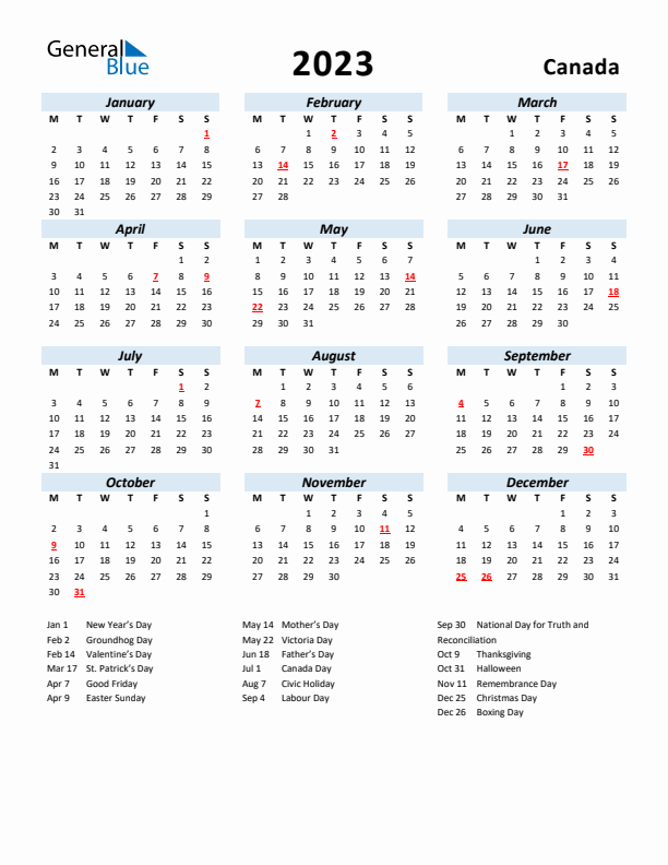 2023 Calendar for Canada with Holidays