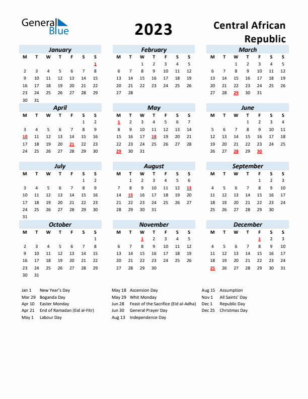 2023 Calendar for Central African Republic with Holidays