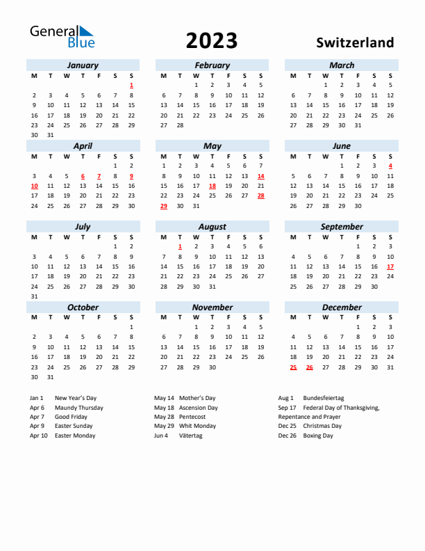 2023 Calendar for Switzerland with Holidays