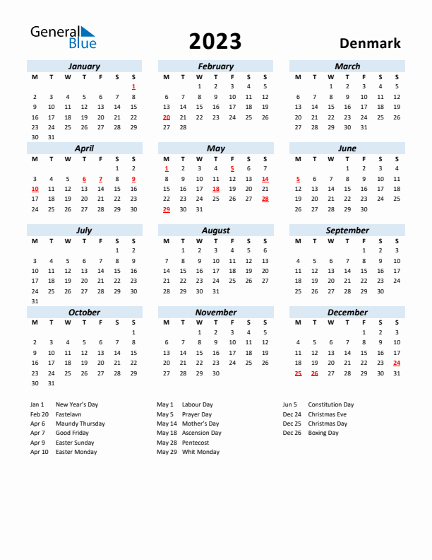 2023 Calendar for Denmark with Holidays
