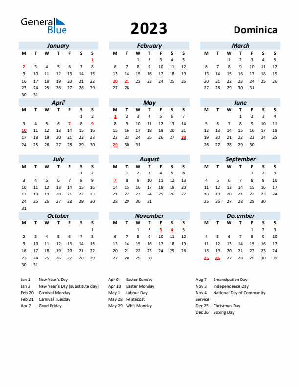 2023 Calendar for Dominica with Holidays