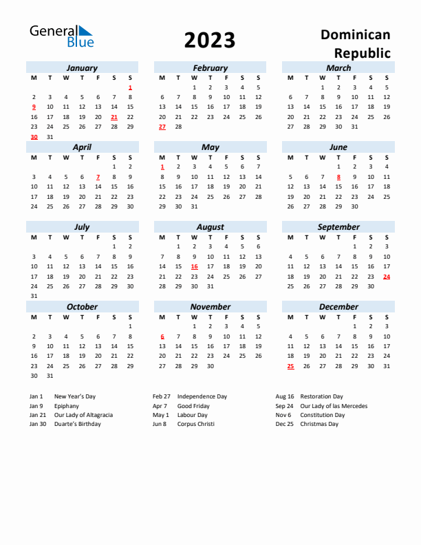 2023 Calendar for Dominican Republic with Holidays