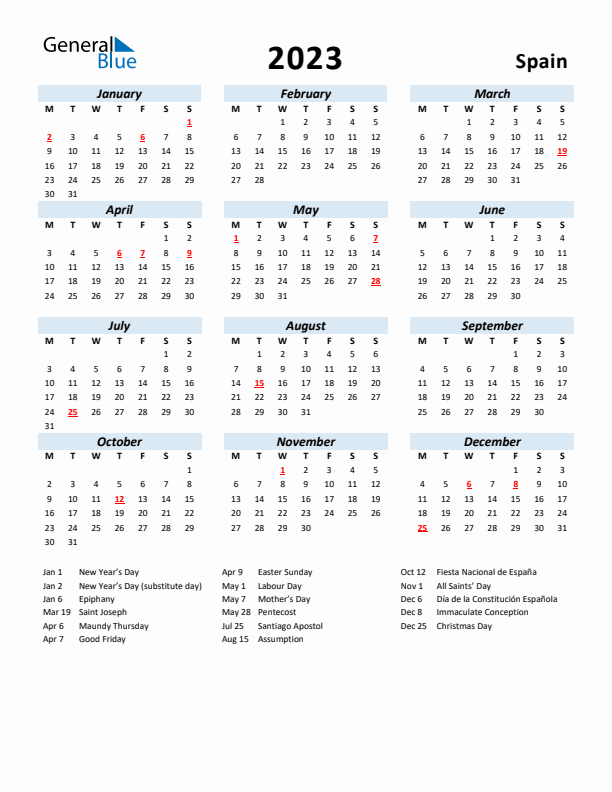 2023 Calendar for Spain with Holidays