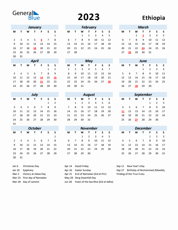 2023 Calendar for Ethiopia with Holidays