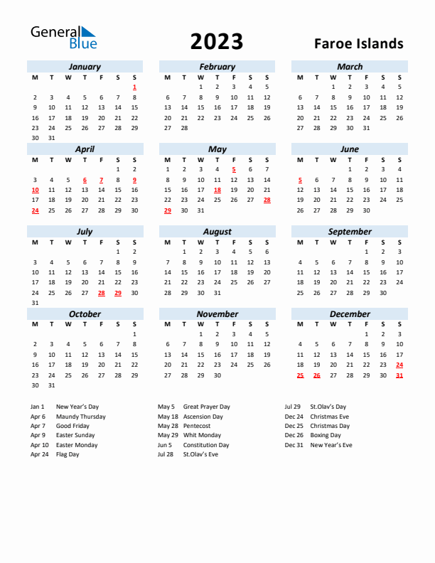 2023 Calendar for Faroe Islands with Holidays