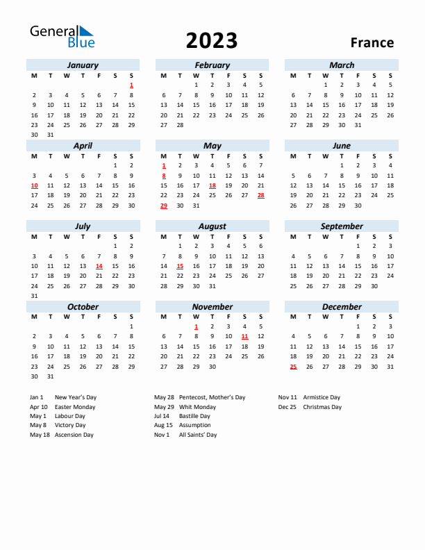 2023 Calendar for France with Holidays