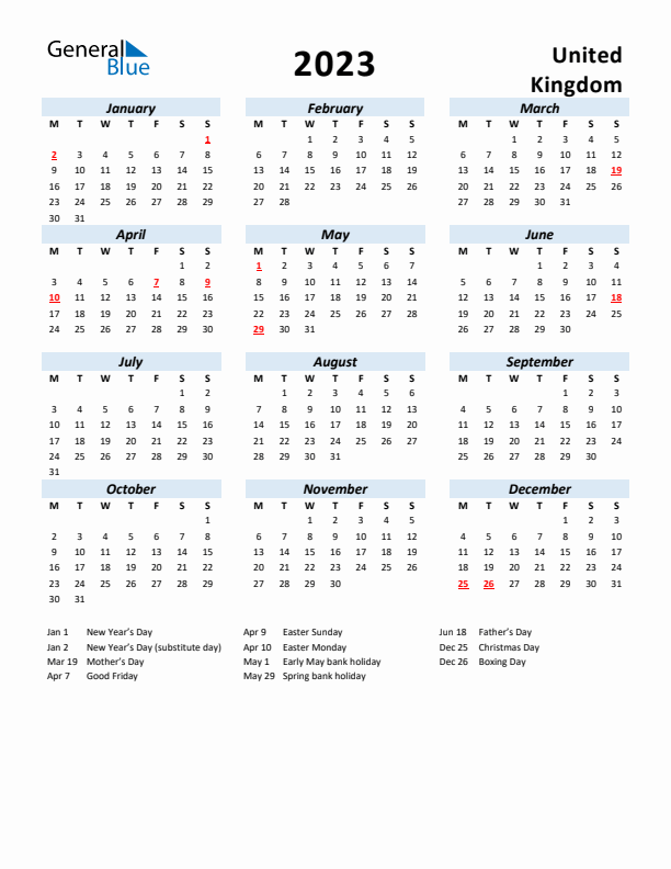2023 Calendar for United Kingdom with Holidays