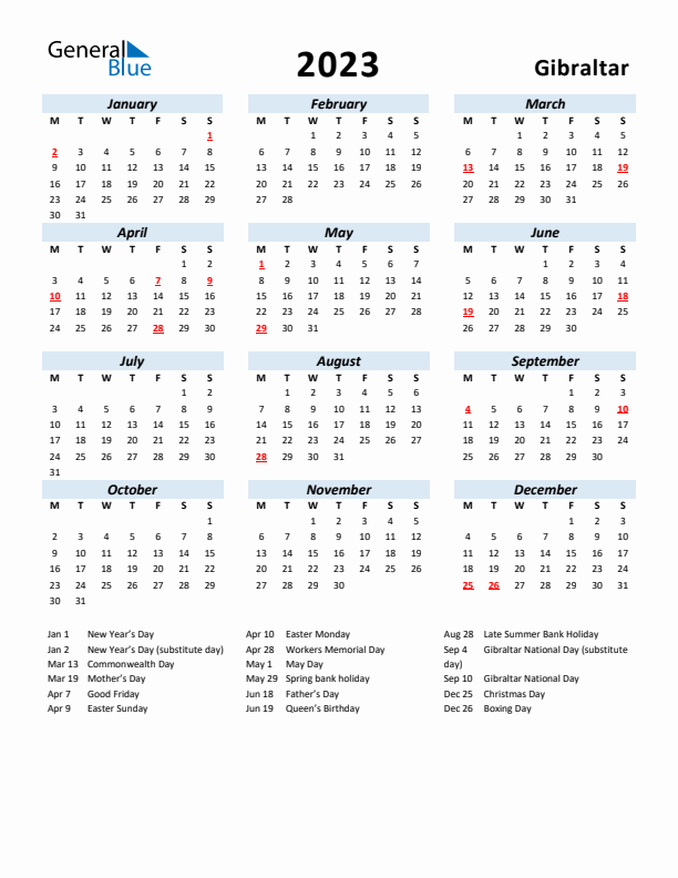 2023 Calendar for Gibraltar with Holidays