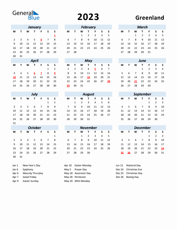 2023 Calendar for Greenland with Holidays