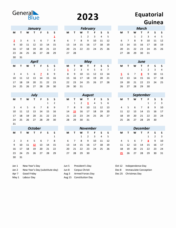 2023 Calendar for Equatorial Guinea with Holidays
