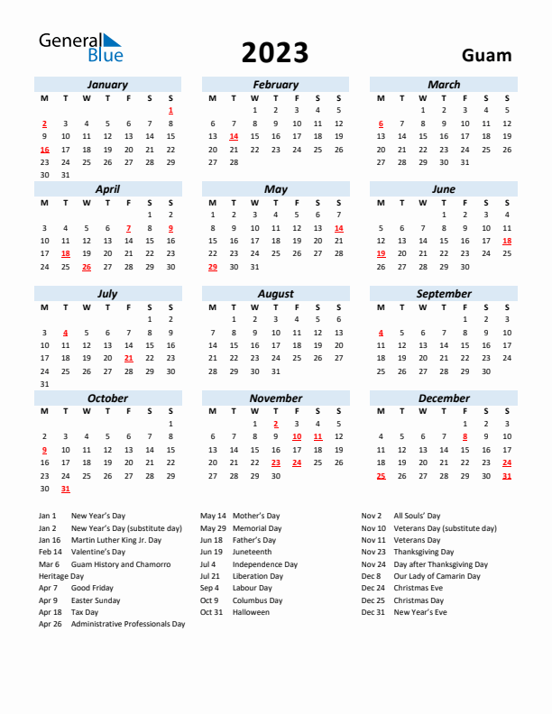 2023 Calendar for Guam with Holidays
