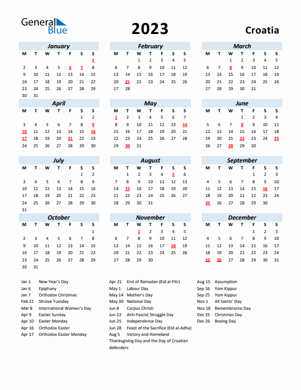 2023 Calendar for Croatia with Holidays