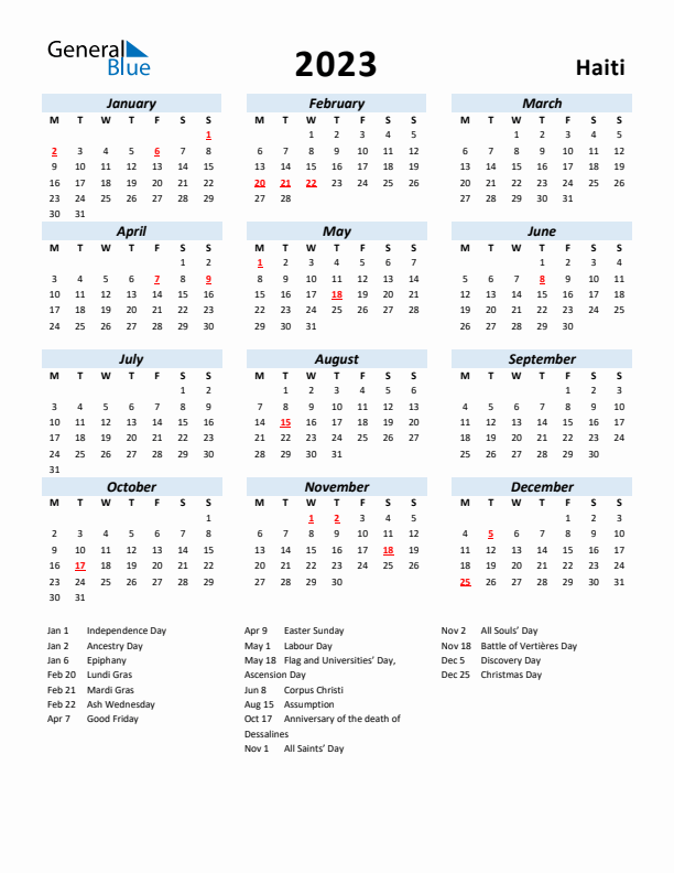 2023 Calendar for Haiti with Holidays