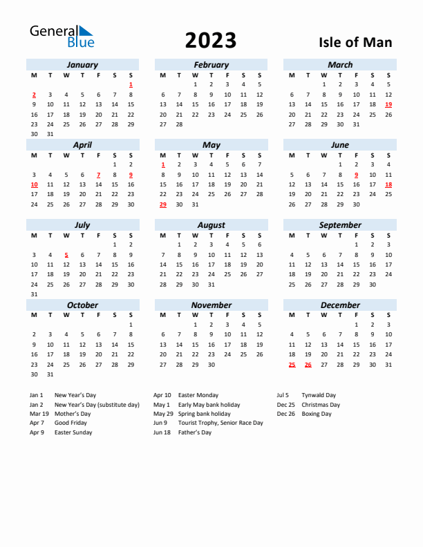 2023 Calendar for Isle of Man with Holidays