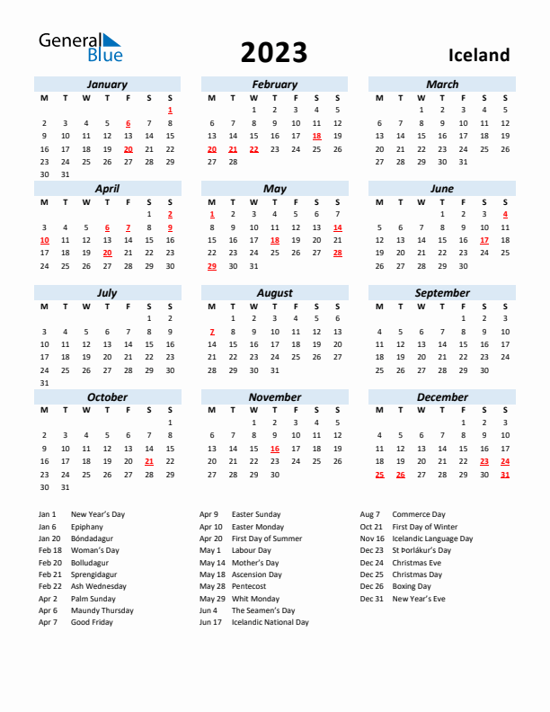 2023 Calendar for Iceland with Holidays
