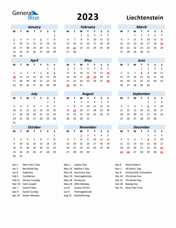 2023 Calendar for Liechtenstein with Holidays