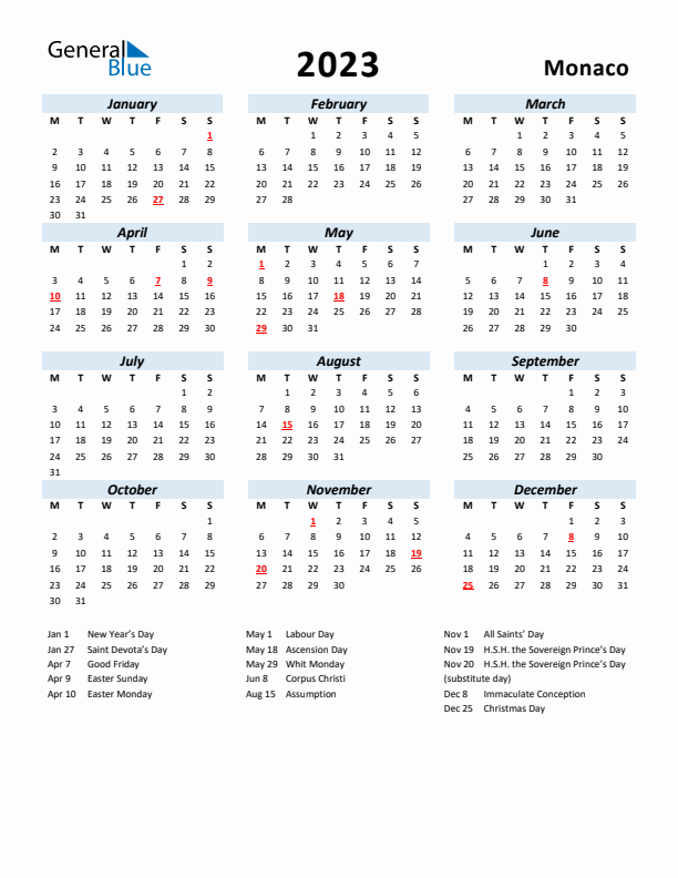 2023 Calendar for Monaco with Holidays