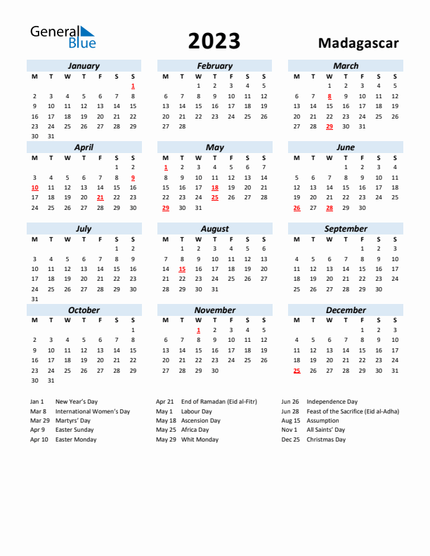 2023 Calendar for Madagascar with Holidays