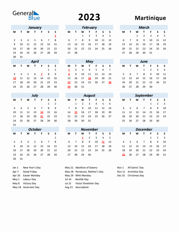 2023 Calendar for Martinique with Holidays