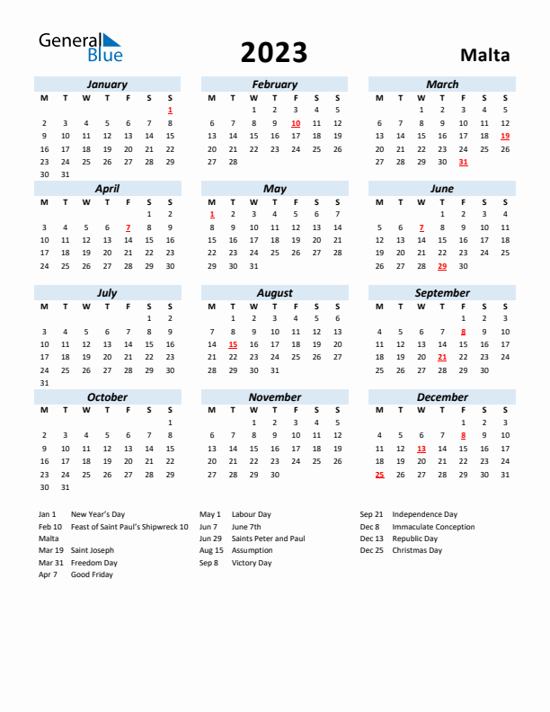 2023 Calendar for Malta with Holidays