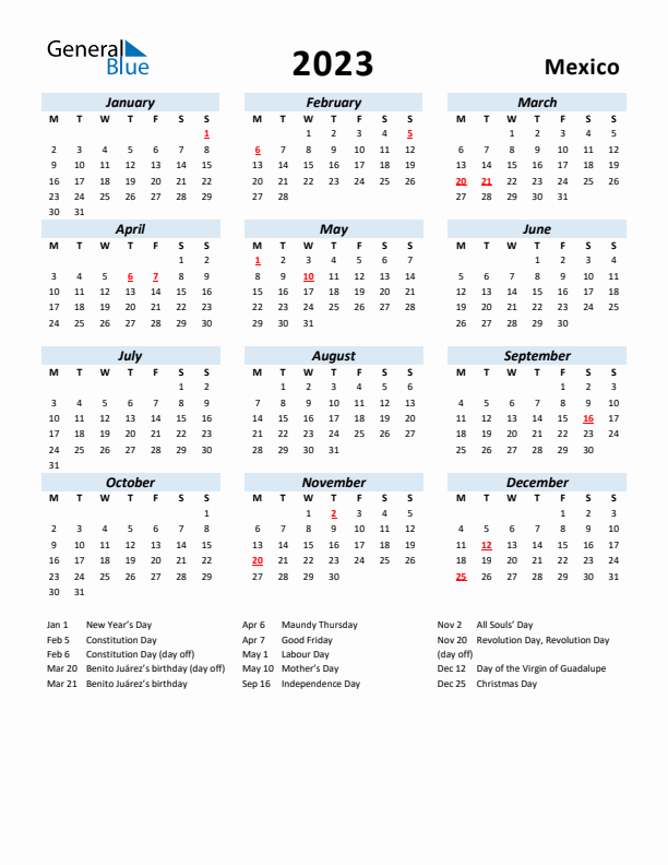 2023 Calendar for Mexico with Holidays
