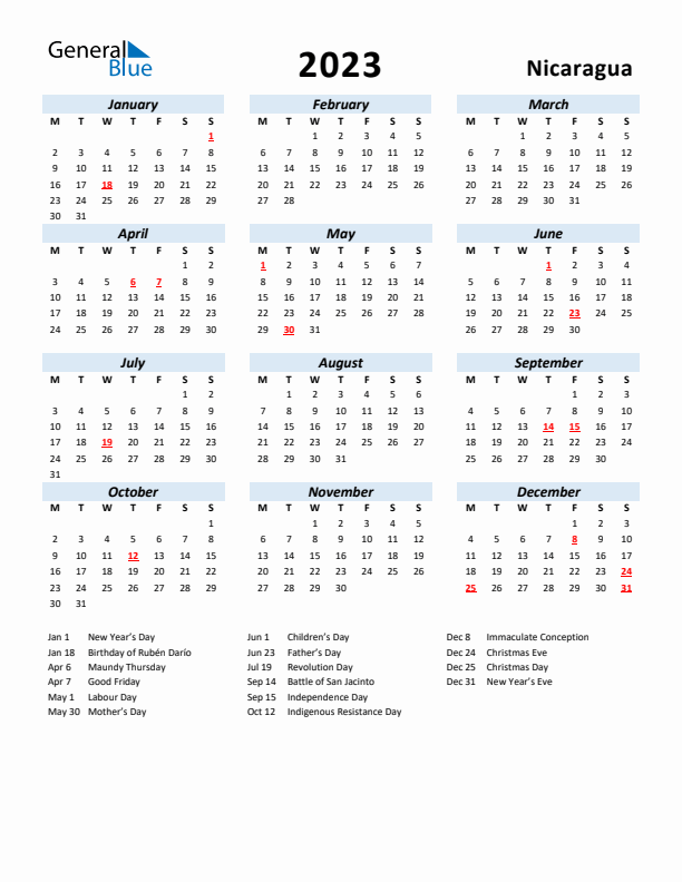 2023 Calendar for Nicaragua with Holidays