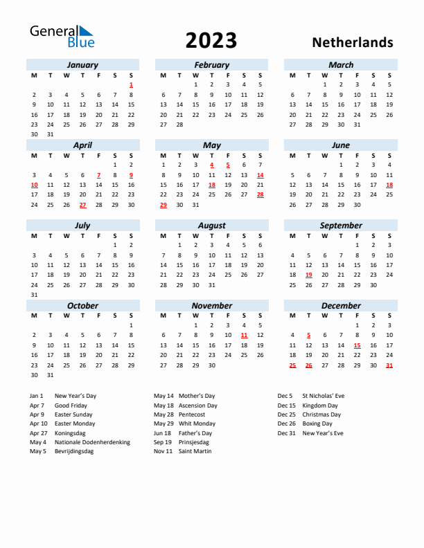 2023 Calendar for The Netherlands with Holidays