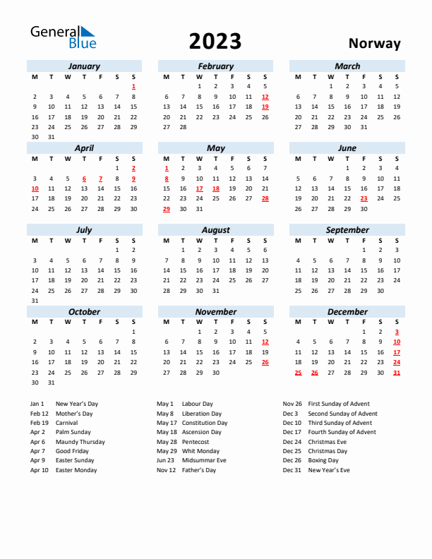 2023 Calendar for Norway with Holidays