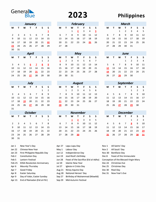 2023 Calendar for Philippines with Holidays