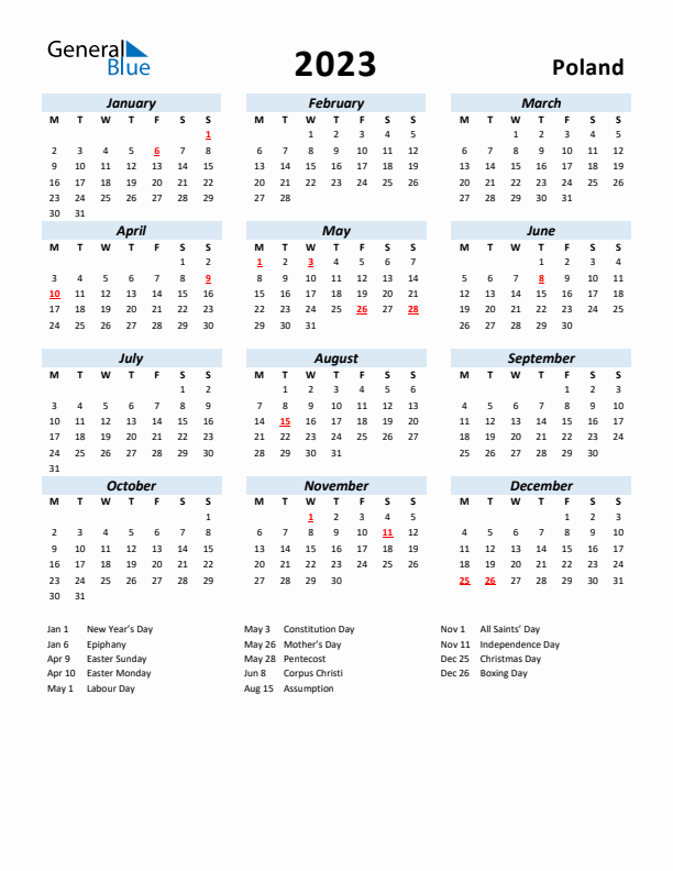 2023 Calendar for Poland with Holidays