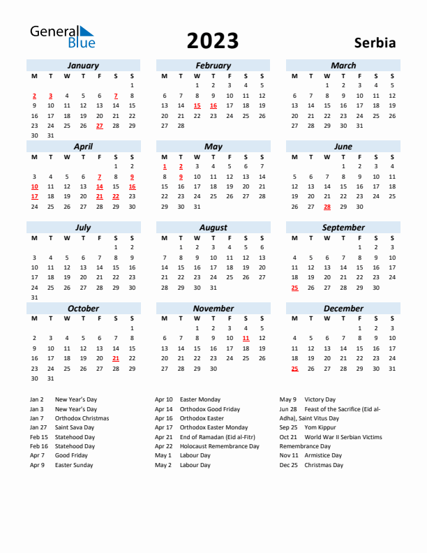 2023 Calendar for Serbia with Holidays