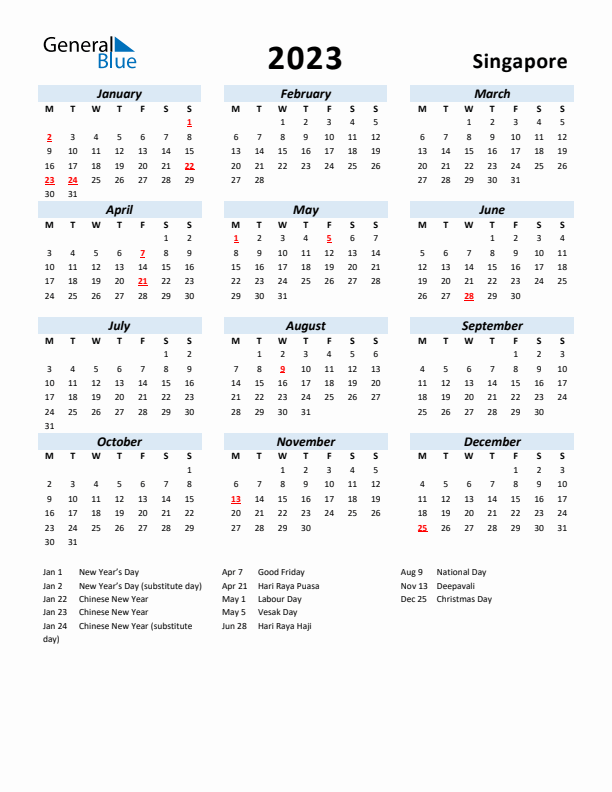 2023 Calendar for Singapore with Holidays