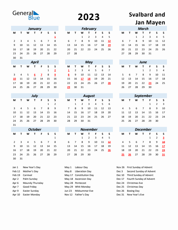 2023 Calendar for Svalbard and Jan Mayen with Holidays