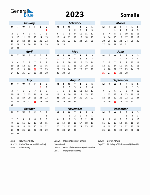 2023 Calendar for Somalia with Holidays