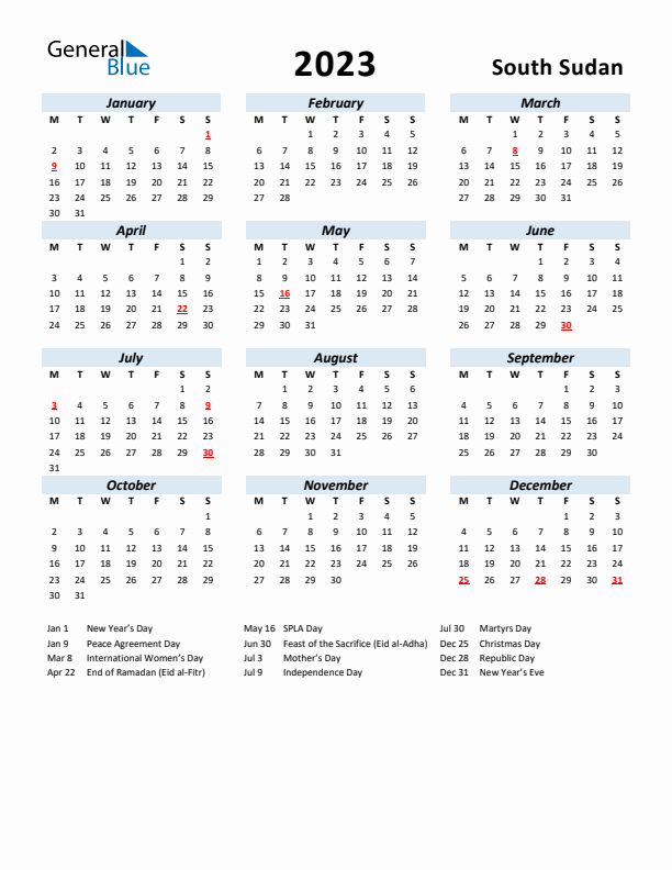 2023 Calendar for South Sudan with Holidays