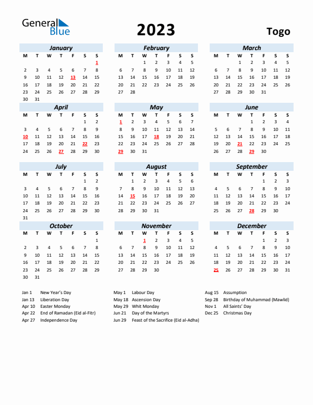 2023 Calendar for Togo with Holidays